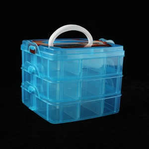 Three-layer clear blue plastic storage box with 18 compartments and white handle