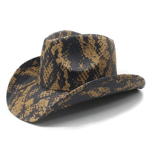 Western cowboy hat with snakeskin pattern and wide brim in black and brown finish
