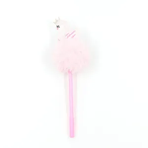Pink swan ballpoint pen featuring a fluffy fur pom pom and a cute golden crown topper