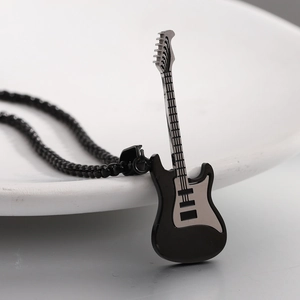 Minimalist guitar pendant necklace in black and silver steel with matching bead chain