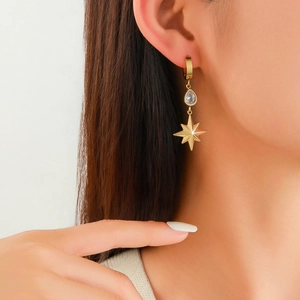 Gold plated titanium earrings with octagonal star and teardrop zircon pendant