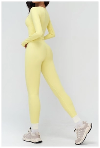 Detail of light yellow seamless yoga set showing flexible fabric and shaping effect