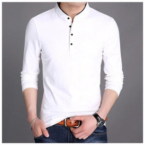 Slim fit men's white cotton long sleeve shirt with mandarin collar and button detail