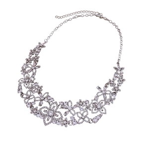 Sparkling silver flower necklace set with rhinestones for wedding and evening wear