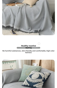 Detail of light gray waffle texture blanket with fringe and active dyeing process