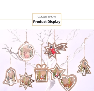 Detailed close-up of festive wooden ornaments with reindeer and snowman designs