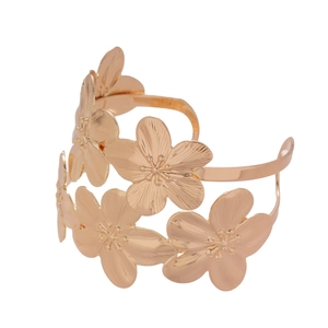 Exaggerated metal flower open cuff bracelet in gold finish with textured petals
