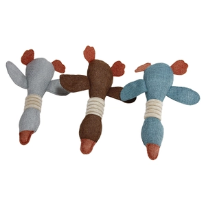 Three durable corduroy plush duck toys for dogs in grey, brown and blue colors