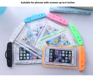 Flat lay of colorful waterproof phone pouches for screens up to 6 inches with dual locks