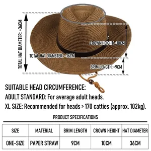 Chapeau de soleil pliable en paille pour homme avec large bord de 9cm, taille 36cm