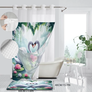 Rideau de douche imperméable avec cygnes et tapis de bain assorti au motif cœur