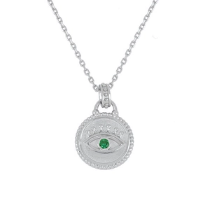 Elegant S925 silver necklace with green zircon evil eye coin pendant and fine chain link