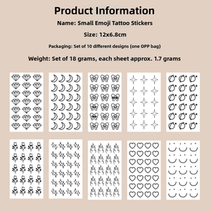 Detailed sheet showing 10 minimalist temporary tattoo designs including moon and heart shapes