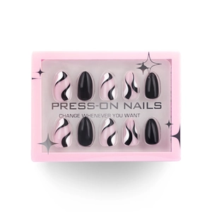 Minimalist black press-on nails with abstract fluid patterns and almond shape kit