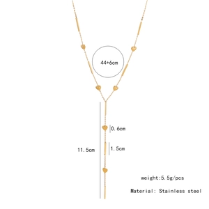 Detailed size chart of a golden stainless steel Y-necklace with heart and bar link measurements