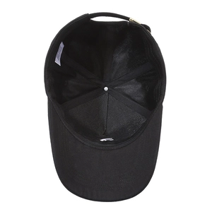Interior view of black cotton high-top A baseball cap with adjustable gold buckle and strap