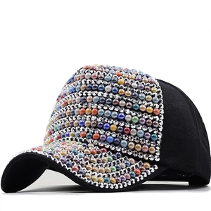 Women Cotton Baseball Cap With Colorful Beads And Rhinestones Outdoor Adjustable Sun Protection Fashionable Hat