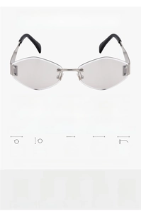 Detailed size chart for frameless diamond-cut sunglasses with precise frame measurements