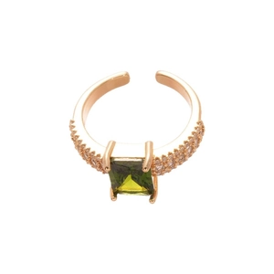 18k gold plated open ring with square green gemstone and sparkling zircon crystals