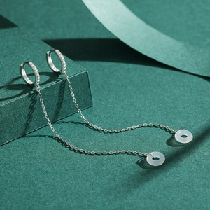 Elegant S925 sterling silver tassel earrings with white jade-like safety buckle charm