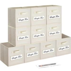 Set of 9 beige foldable non-woven storage bins with handles and label slots for closet