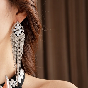 Close-up of silver tassel earrings with white rhinestones worn by a model in soft light