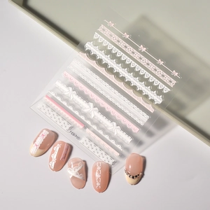 3D pink lace and bow relief nail stickers with white floral patterns on false nails