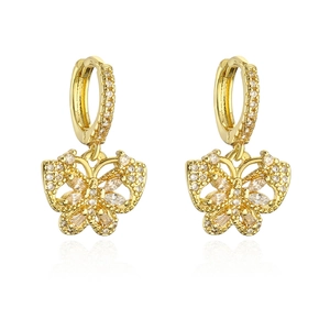 Exquisite 18K gold butterfly hoop earrings with sparkling zircon stones on white background
