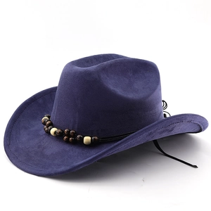 Detail of navy blue suede cowboy hat with wooden bead band and black chin strap