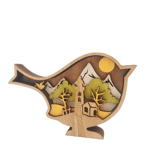 Easter wooden bird sculpture with multi-layer carved mountain landscape scene