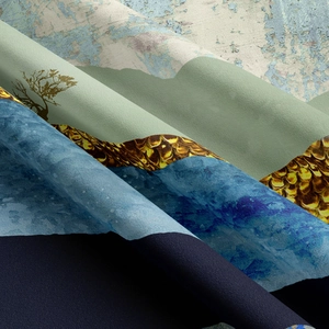 Macro view of abstract mountain landscape print on high-quality decorative fabric