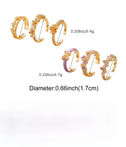 Detailed size chart for 6-piece gold-plated copper rings with purple enamel butterfly motifs