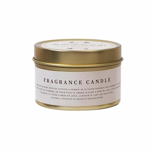 Minimalist gold tin scented soy candle with white label and natural extracts