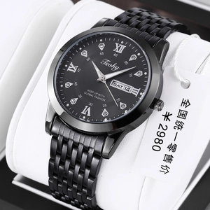 Detail view of Tsohy black metal watch with Roman numerals and day-date window display