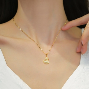 Elegant gold titanium steel necklace with sparkling crystal duck pendant for women