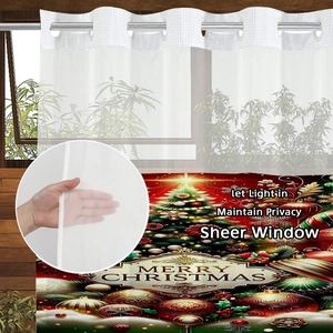 Christmas sheer shower curtain with Merry Christmas text and festive tree patterns
