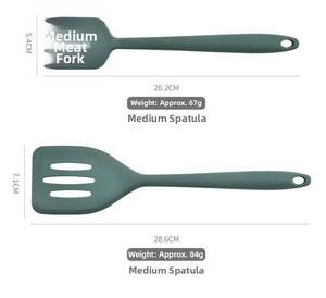 Detailed size specifications for dark green silicone meat fork and slotted turner spatula
