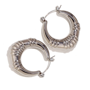 Retro silver stainless steel chunky hoop earrings with triple grooved stripe design
