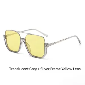 Retro oversized square sunglasses in transparent grey frame with yellow lenses and silver arms