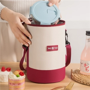 Insulated Lunch Bag Cylindrical Oxford Cloth Aluminum Foil Thermal Tote With Adjustable Shoulder Strap For Office School Picnic