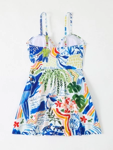 Detail of floral printed tankini swimwear with tropical parrots and soft padded straps