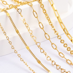 Various gold stainless steel chain styles including heart link and paperclip textures