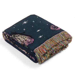 Bohemian dark blue woven picnic blanket with star floral patterns and colorful fringe