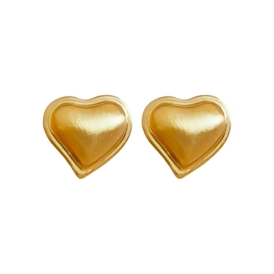 Polished gold-plated heart stud earrings with brushed metal finish for women