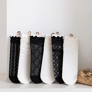 Japanischer Stil Spitze Mesh Crew Socken Baumwollmischung Atmungsaktiv Rüschenbesatz Polka Dot Blumenmuster Damen