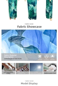 Detail view of tropical leaf print fabric showing washing instructions and material texture