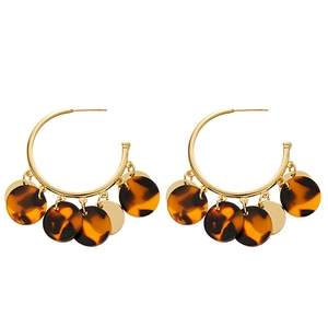 Vintage leopard resin and gold metal hoop earrings with round geometric charms