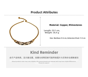 Detailed size chart of gold curved necklace with black enamel and white rhinestones