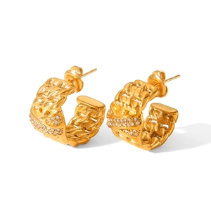18K gold plated stainless steel C-shaped chain earrings with pavé crystal accents