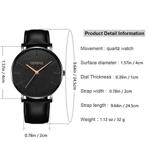 Detailed size specifications and parameters for the black leather quartz watch